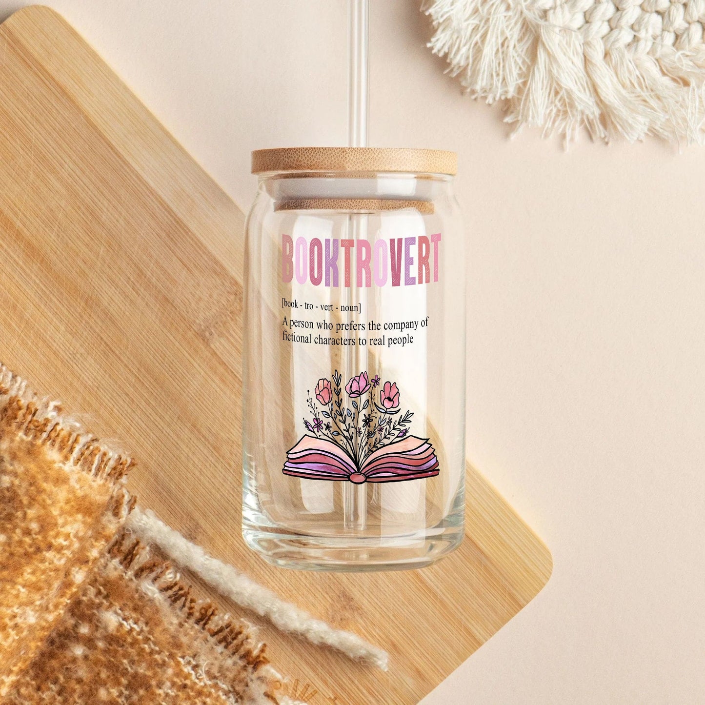 Booktrovert Glass Can: Floral Book Lover Gift with Lid & Straw - main product image