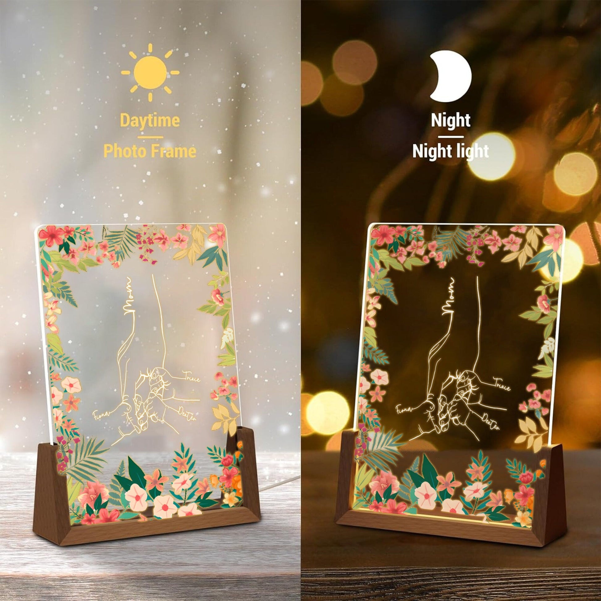 Custom Mom Lamp, Personalized Mothers Day Gift, Holding Hands Line Art Light, Floral Acrylic LED Lamp, Mother’s Day Gift from Kids - product image 3