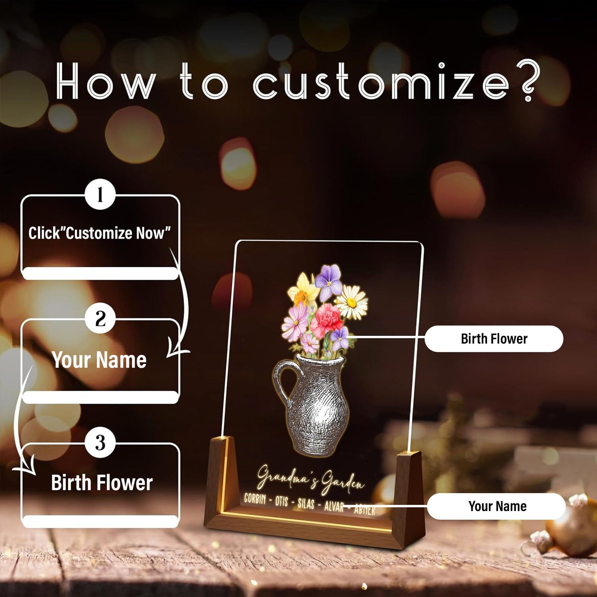 Personalized Mother's Day Gift for Grandma, Birth Flower Night Light, Custom Kids Names Acrylic Plaque, Grandma's Garden LED Lamp, Nana Gift - product image 4