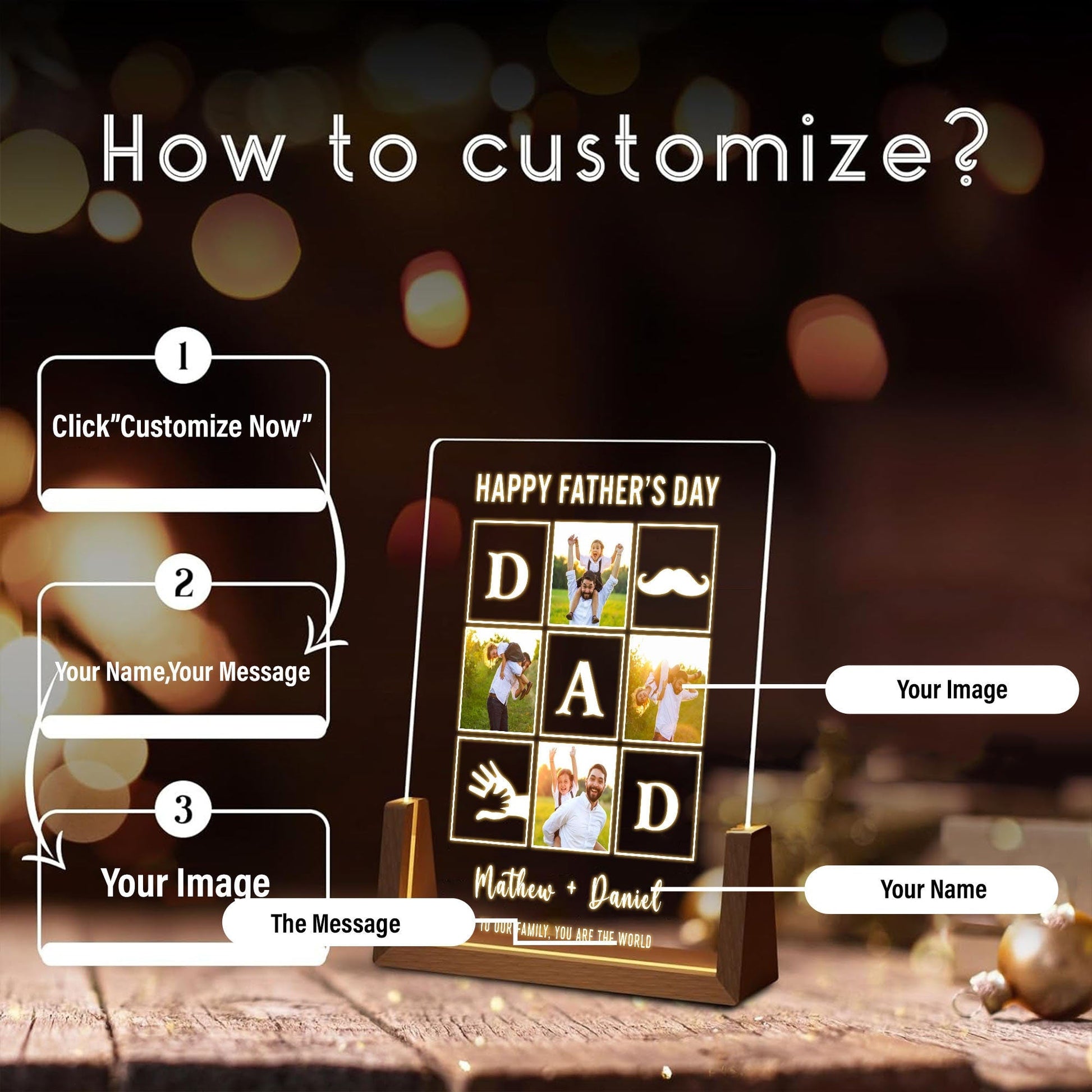 Personalized Dad Lamp with Photo, First Father's Day Gift for Husband, Custom LED Night Light, Dad Birthday Present, Gift from Daughter - product image 3