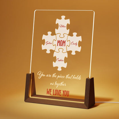 Personalized Mom Puzzle LED Light, Mothers Day Gift from Kids, You Are The Piece That Holds Us Together, Custom Family Name Acrylic Sign - product image 2