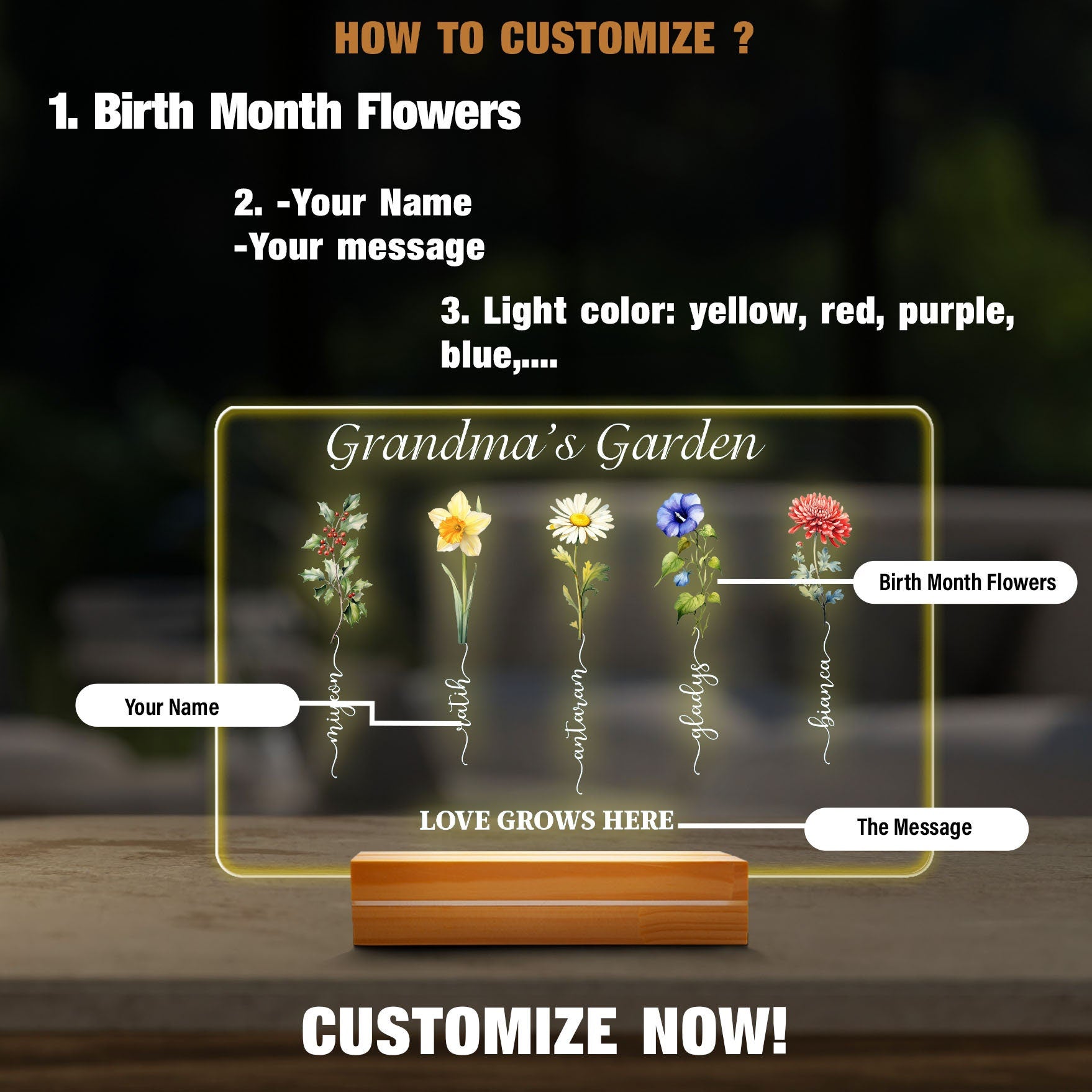 Grandmas Garden LED Light, Birth Flower Mothers Day Gift, Custom Grandkids Name Sign, Personalized Grandma Plaque, Floral Night Light - product image 4