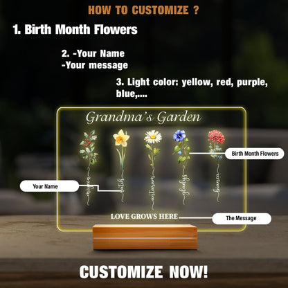 Grandmas Garden LED Light, Birth Flower Mothers Day Gift, Custom Grandkids Name Sign, Personalized Grandma Plaque, Floral Night Light - product image 4