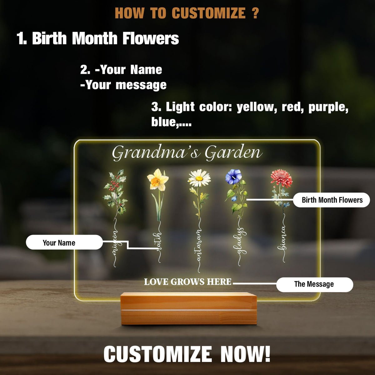 Grandmas Garden LED Light, Birth Flower Mothers Day Gift, Custom Grandkids Name Sign, Personalized Grandma Plaque, Floral Night Light - product image 4