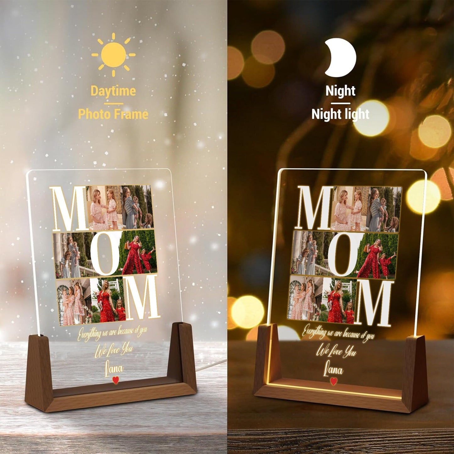 Personalized MOM Acrylic Photo Lamp Gift for Mom, Custom Mother’s Day Gifts, Night Light with Warm Walnut Wood Base, Photo Keepsake Decor - product image 3