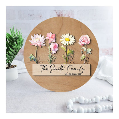 Personalized Birth Flower Wooden Sign: Custom Family Name Plaque - main product image