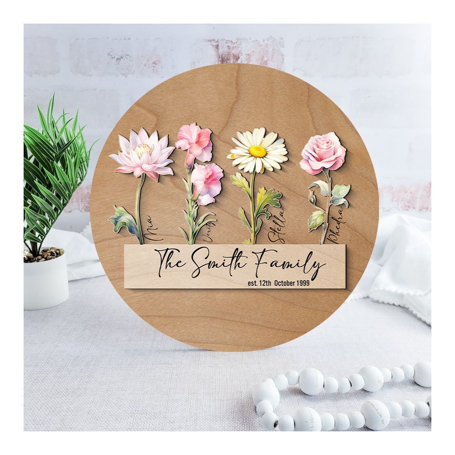 Personalized Birth Flower Wooden Sign: Custom Family Name Plaque - main product image