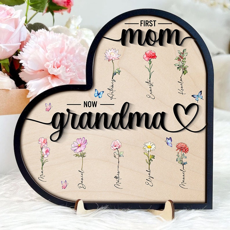First Mom Now Grandma – Personalized Mothers Day & Birthday Gifts, Custom Kids Names Wooden Plaque for Mom, Nana, Mimi - main product image