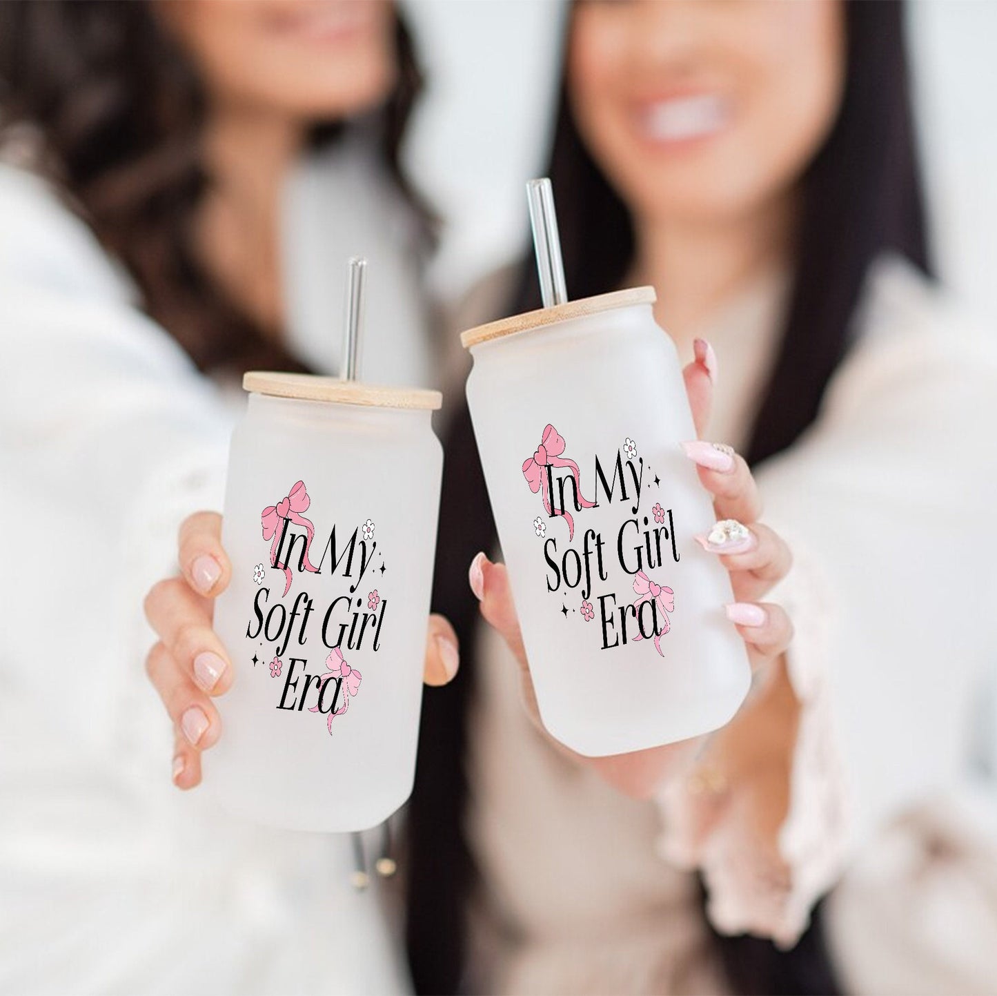 Coquette Bow Glass Can 16Oz with Bamboo Lids and Straw - Aesthetic Glass Cup - Glass Can Gifts for Bestfriend Sister Girlfriend. - product image 3