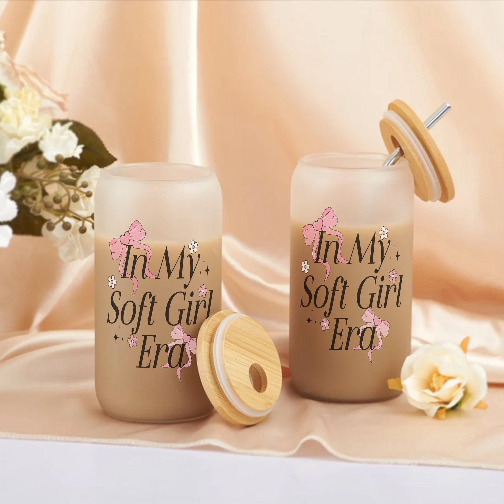 Coquette Bow Glass Can 16Oz with Bamboo Lids and Straw - Aesthetic Glass Cup - Glass Can Gifts for Bestfriend Sister Girlfriend. - product image 6