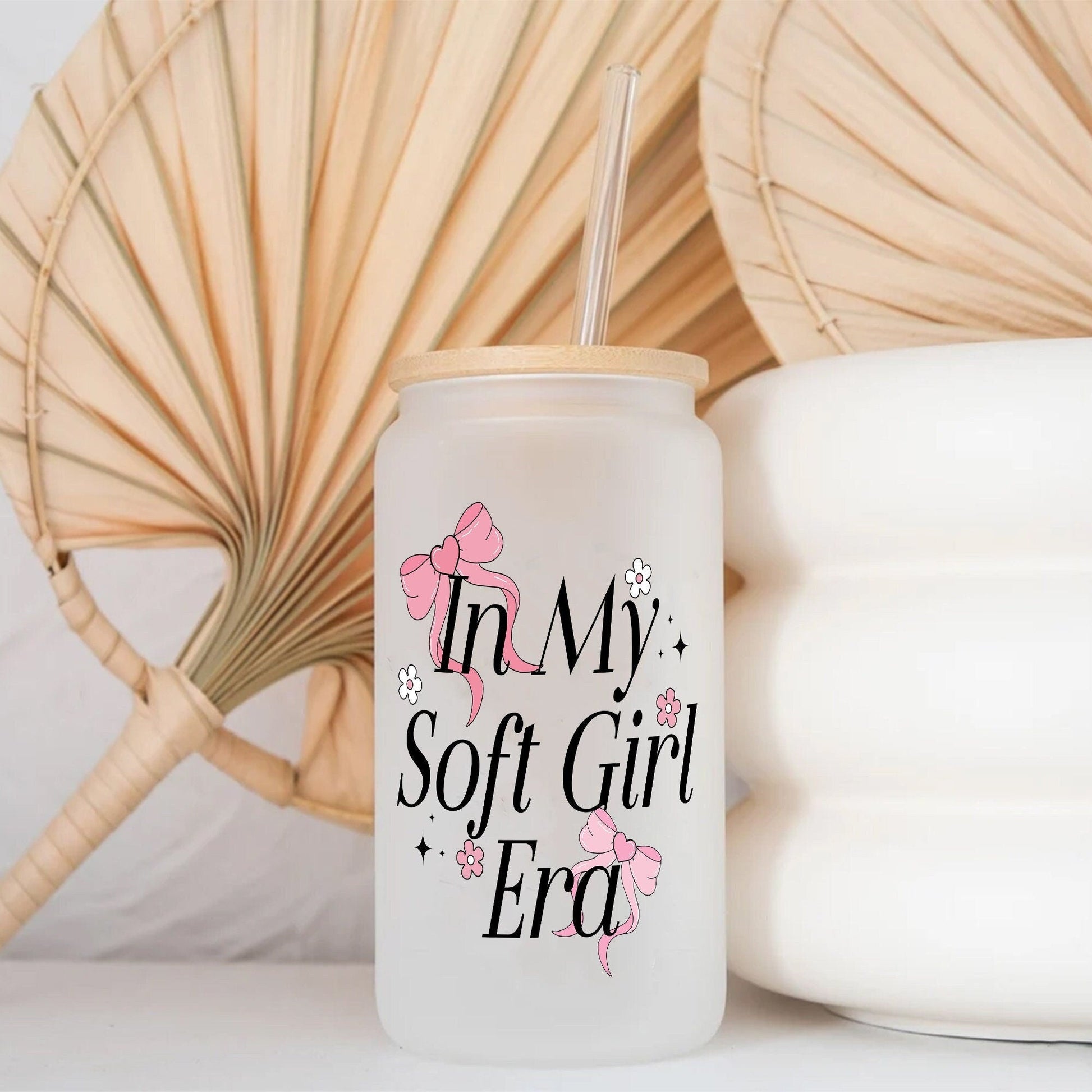 Coquette Bow Glass Can 16Oz with Bamboo Lids and Straw - Aesthetic Glass Cup - Glass Can Gifts for Bestfriend Sister Girlfriend. - main product image