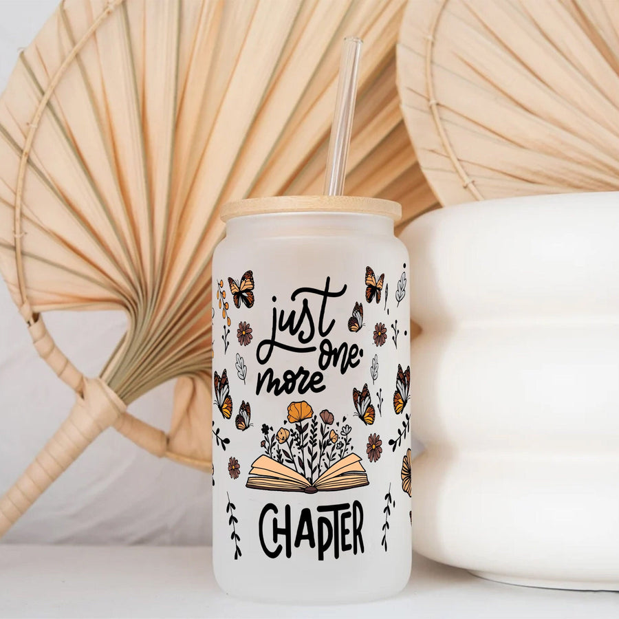 Floral Book Glass Can (16oz) - Book Lover Gift with Lid & Straw - main product image
