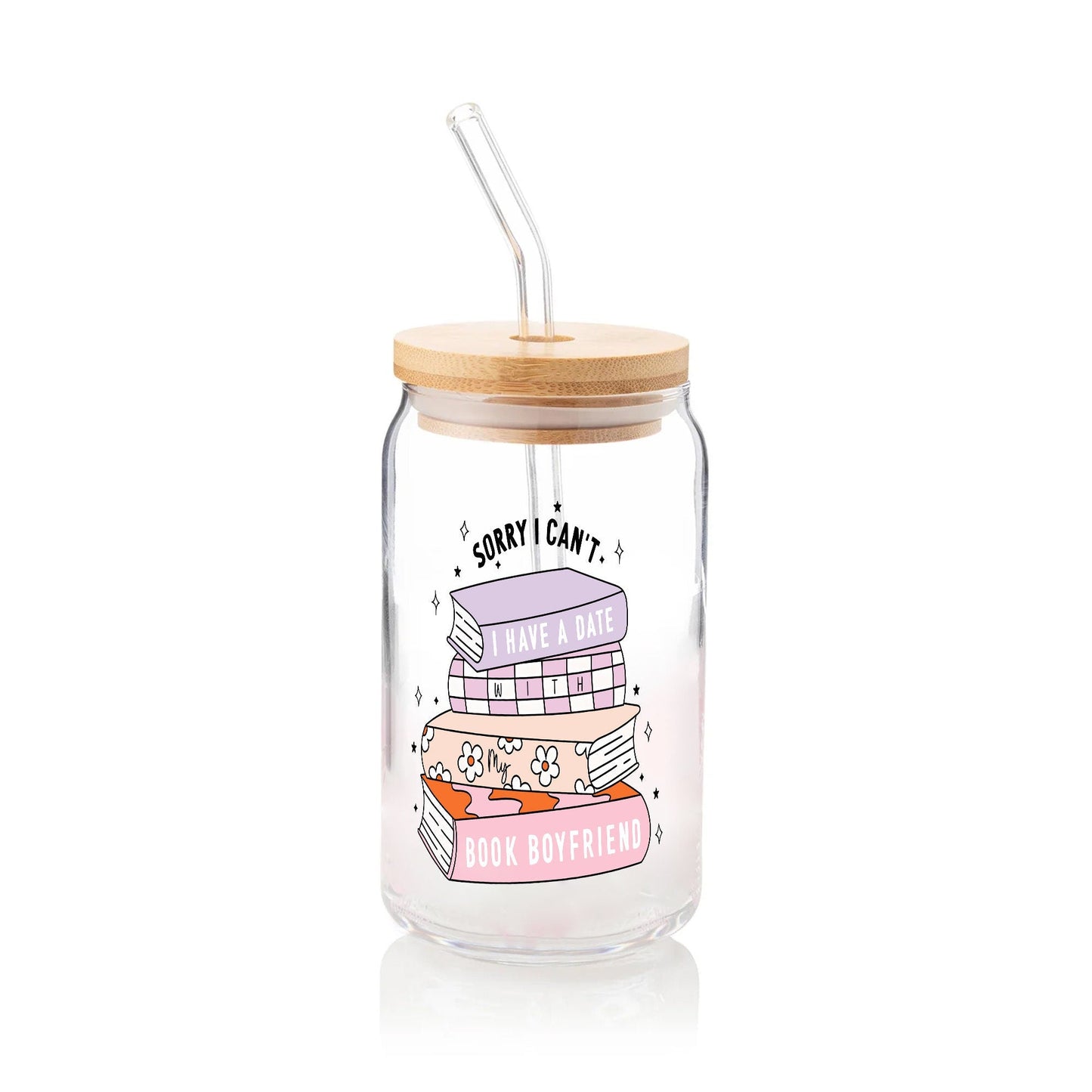 Book Boyfriend Glass Can 16oz – Floral Iced Coffee Cup with Lid & Straw, Reusable Drinkware, Gift for Her, Cute Summer Beverage Tumbler - product image 2