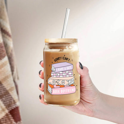 Book Boyfriend Glass Can 16oz – Floral Iced Coffee Cup with Lid & Straw, Reusable Drinkware, Gift for Her, Cute Summer Beverage Tumbler - product image 5
