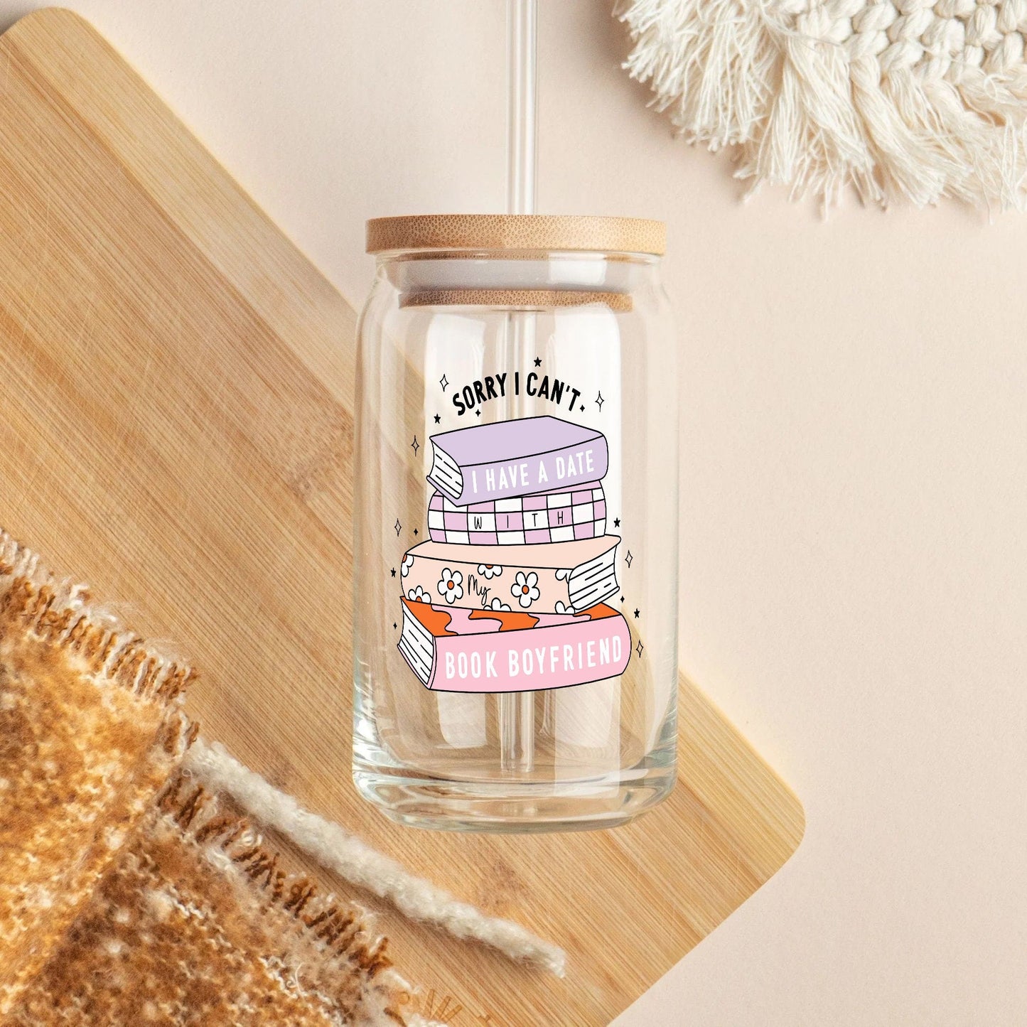 Book Boyfriend Glass Can 16oz – Floral Iced Coffee Cup with Lid & Straw, Reusable Drinkware, Gift for Her, Cute Summer Beverage Tumbler - main product image