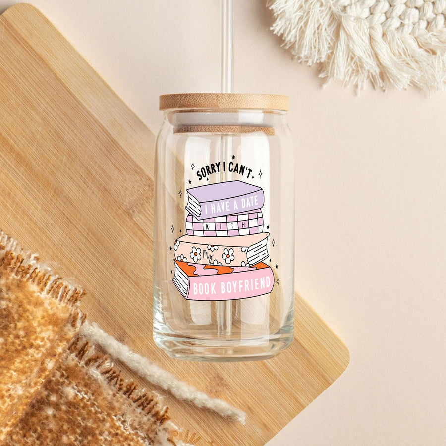 Book Boyfriend Glass Can 16oz – Floral Iced Coffee Cup with Lid & Straw, Reusable Drinkware, Gift for Her, Cute Summer Beverage Tumbler - main product image