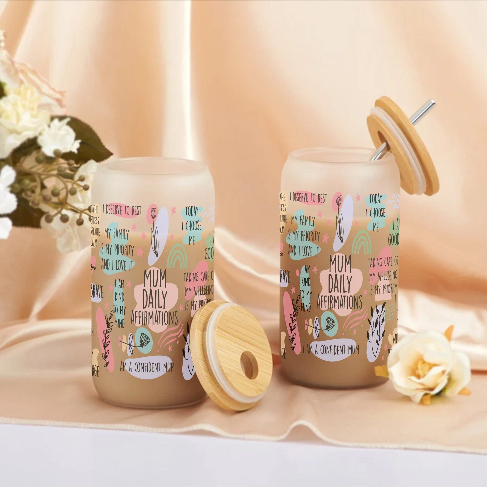 Mom Daily Affirmations Glass Can: Frosted 16oz Cup with Lid & Straw - product image 2