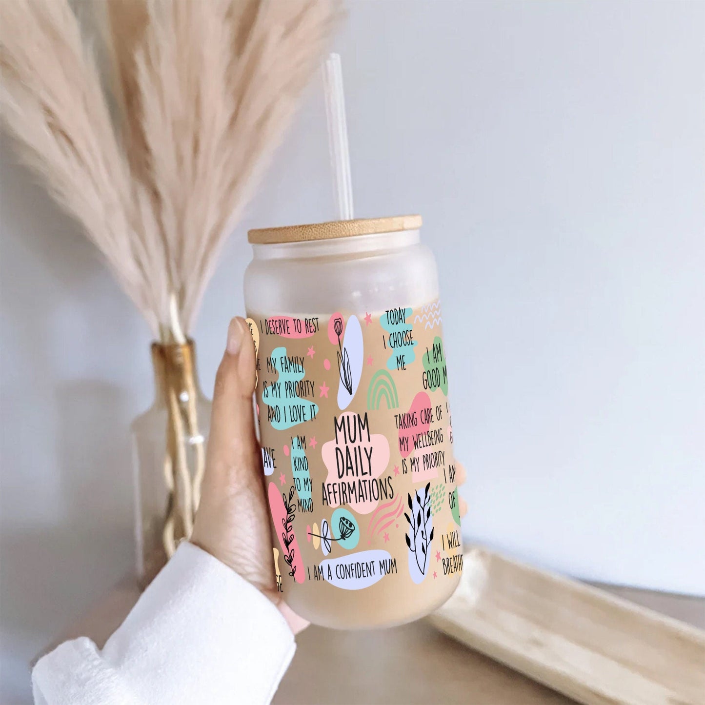 Mom Daily Affirmations Glass Can: Frosted 16oz Cup with Lid & Straw - product image 4