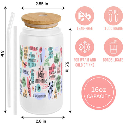 Mom Daily Affirmations Glass Can: Frosted 16oz Cup with Lid & Straw - product image 3