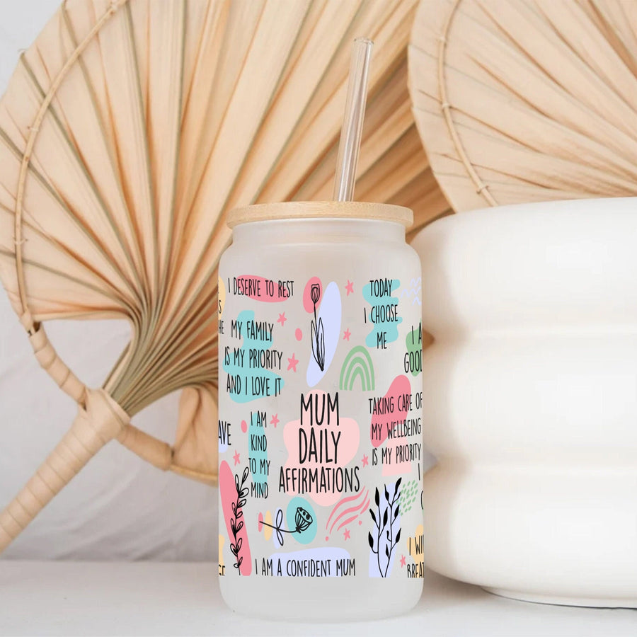 Mom Daily Affirmations Glass Can: Frosted 16oz Cup with Lid & Straw - main product image