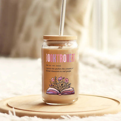 Booktrovert Glass Can: Floral Book Lover Gift with Lid & Straw - product image 3
