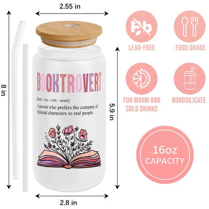 Booktrovert Glass Can: Floral Book Lover Gift with Lid & Straw - product image 4
