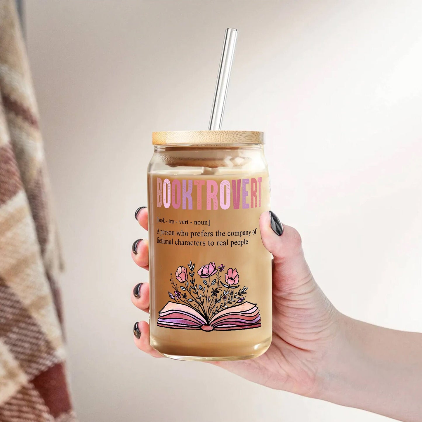 Booktrovert Glass Can: Floral Book Lover Gift with Lid & Straw - product image 5