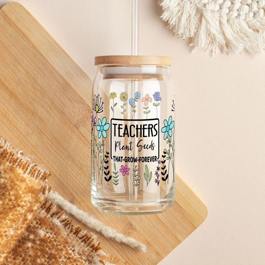 Teachers Plant Seeds Glass Can – Wildflower Teacher Tumbler, Personalized Gift for Teachers & Educators - main product image