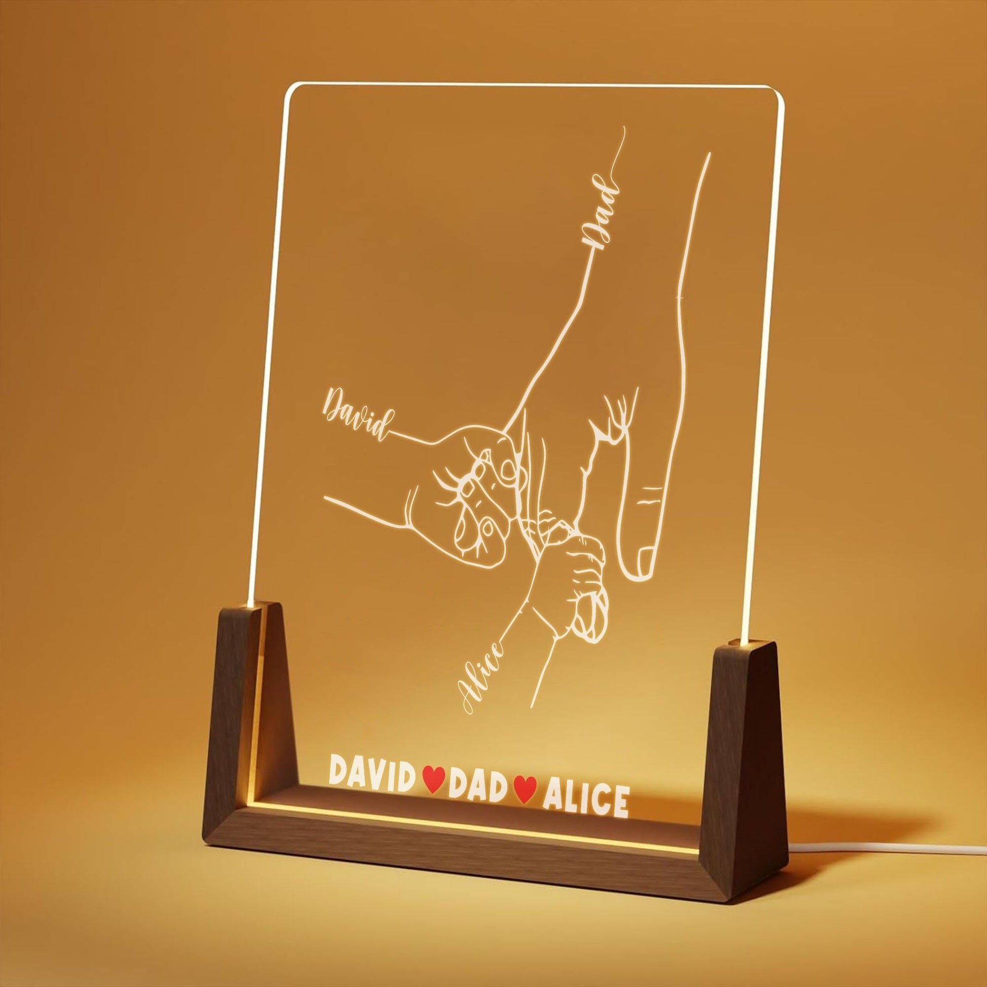 Custom Dad and Kids Hands Night Light, Personalized Fathers Day LED Lamp, Line Art Acrylic Plaque, New Dad Gift - main product image
