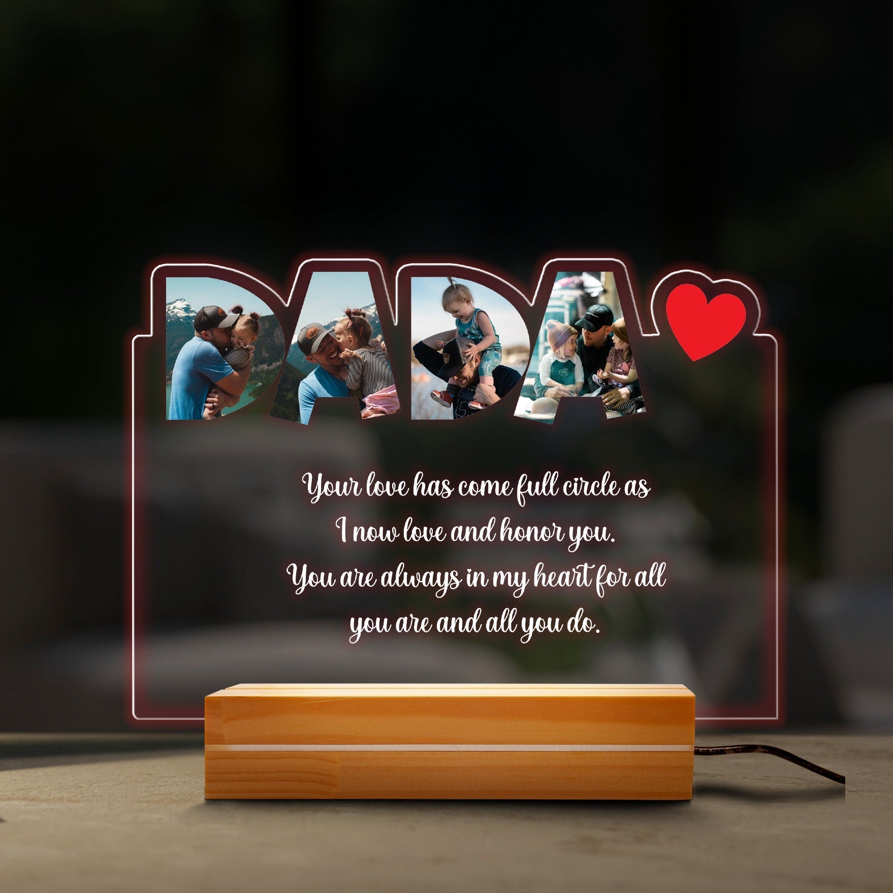 Personalized DADA Lamp with Photos, Real Glass DADA Plaque, Father's Day Gift for Husband, Engraved Wood Base Nightlight, Custom Photo Gift - main product image