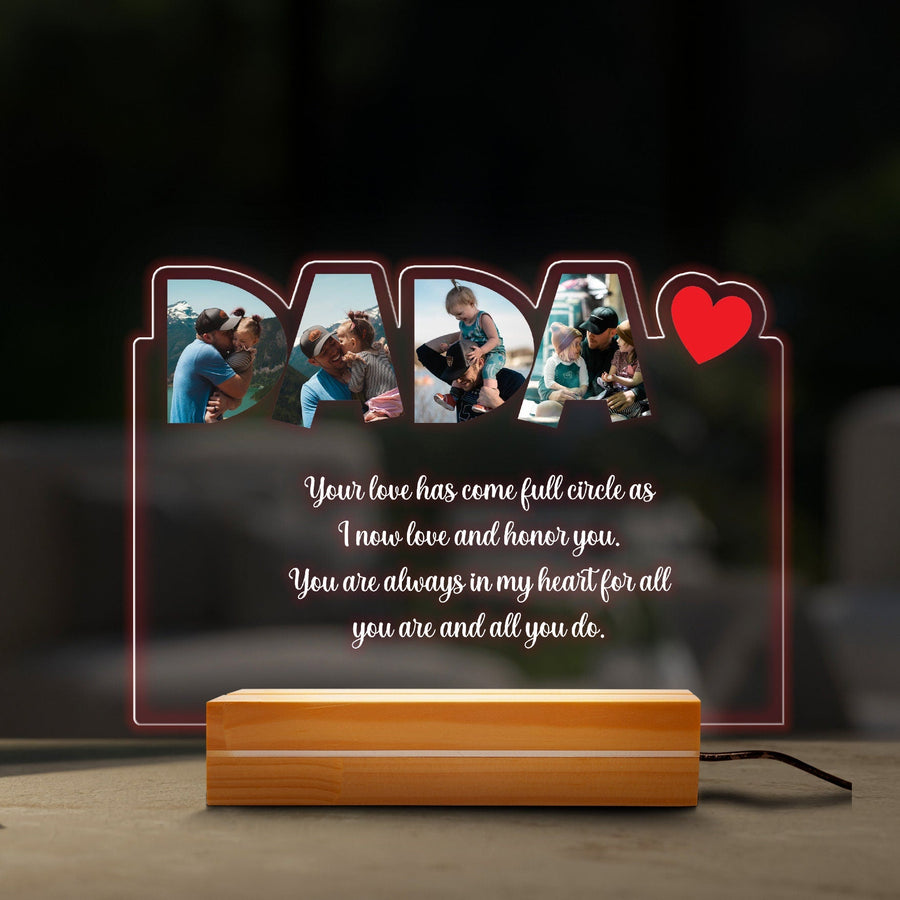 Personalized DADA Lamp with Photos, Real Glass DADA Plaque, Father's Day Gift for Husband, Engraved Wood Base Nightlight, Custom Photo Gift - main product image