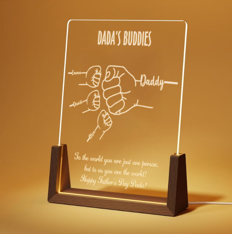 Custom Fist Bump Night Light for Dad, Fathers Day LED Lamp, Personalized Kids Names Acrylic Plaque, Papa Gift - main product image