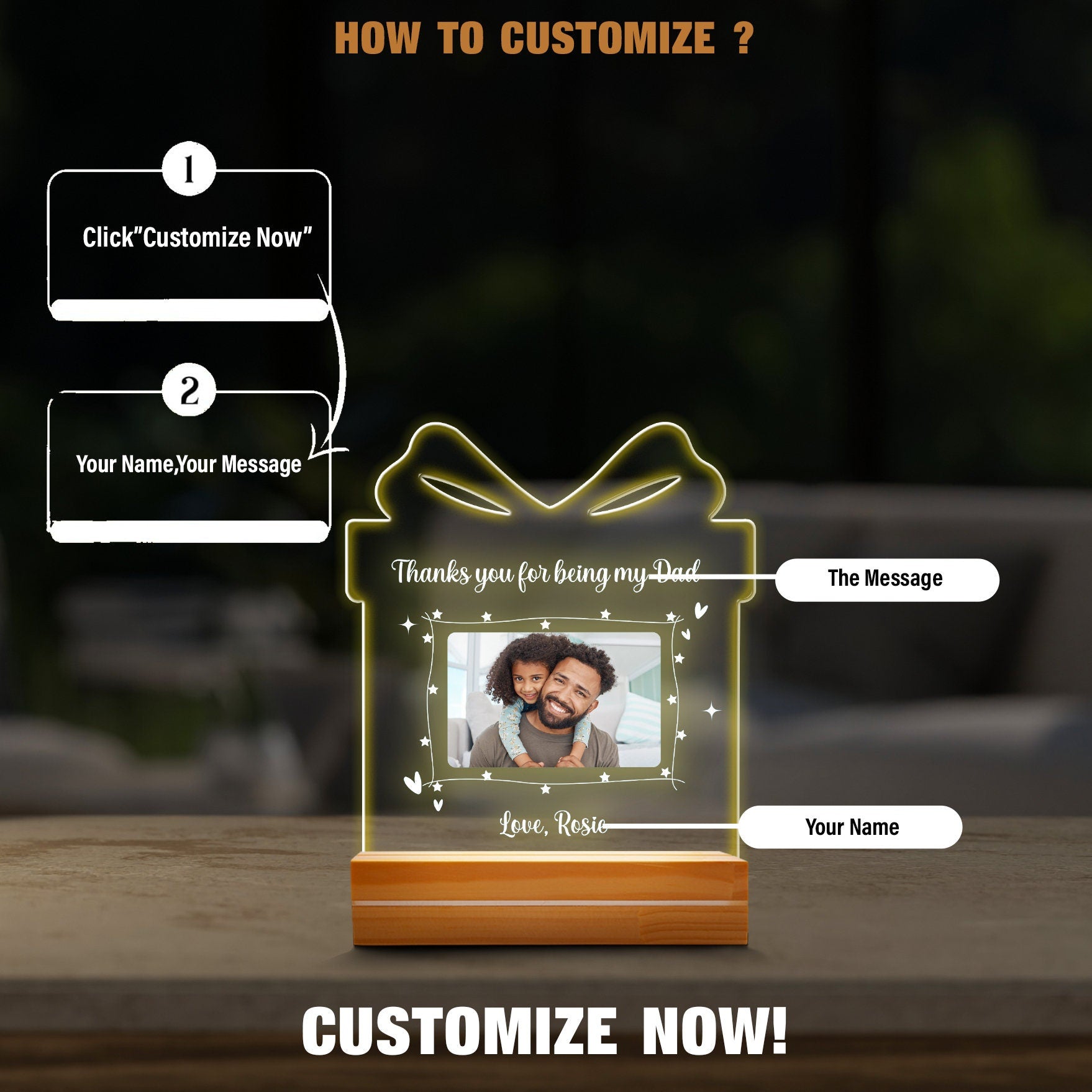 Custom Photo Night Light for Dad, Real Glass Gift Box Lamp, Personalized Father's Day Gift from Daughter, Dad Picture Plaque for Him - product image 3