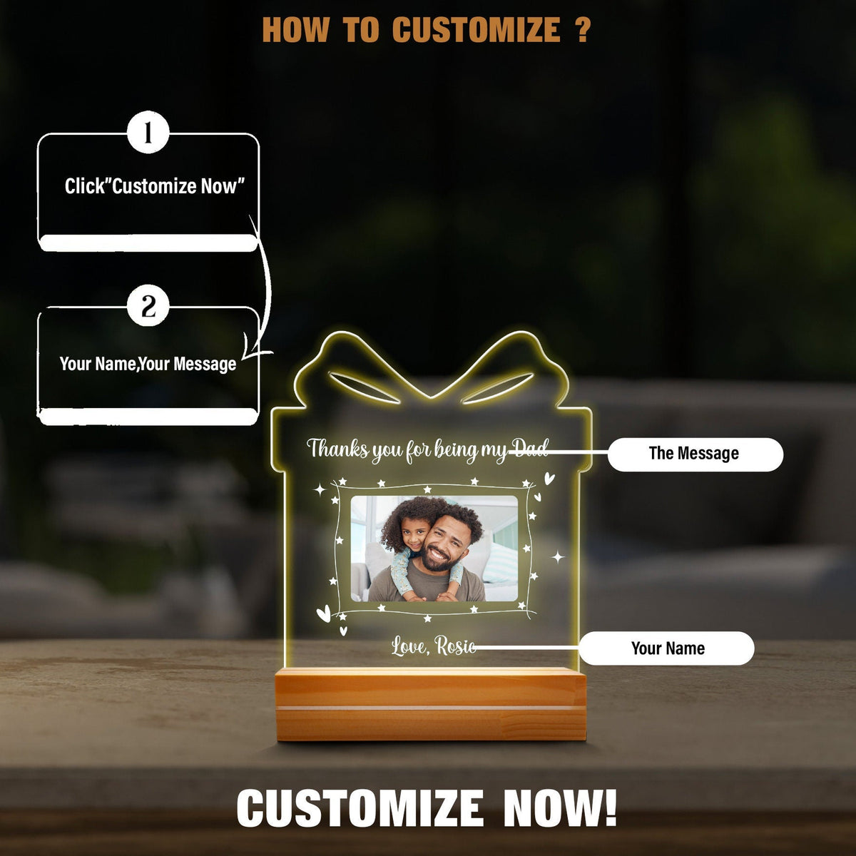 Custom Photo Night Light for Dad, Acrylic Gift Box Lamp, Personalized Father's Day Gift from Daughter, Dad Picture Plaque for Him - product image 3