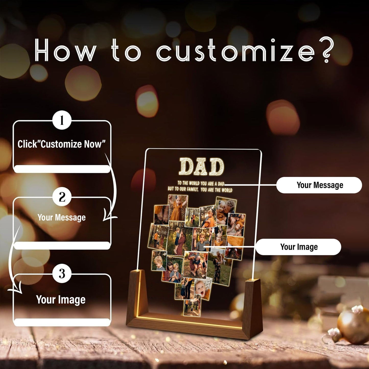 Custom Dad Heart Photo Collage Lamp, Personalized Picture Night Light, Fathers Day Acrylic Plaque, Grandpa Gift - product image 3