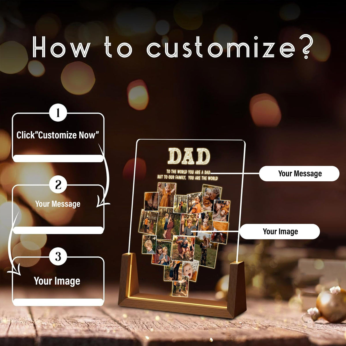 Custom Dad Heart Photo Collage Lamp, Personalized Picture Night Light, Fathers Day Acrylic Plaque, Grandpa Gift - product image 3