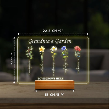 Grandmas Garden LED Light, Birth Flower Mothers Day Gift, Custom Grandkids Name Sign, Personalized Grandma Plaque, Floral Night Light - product image 5
