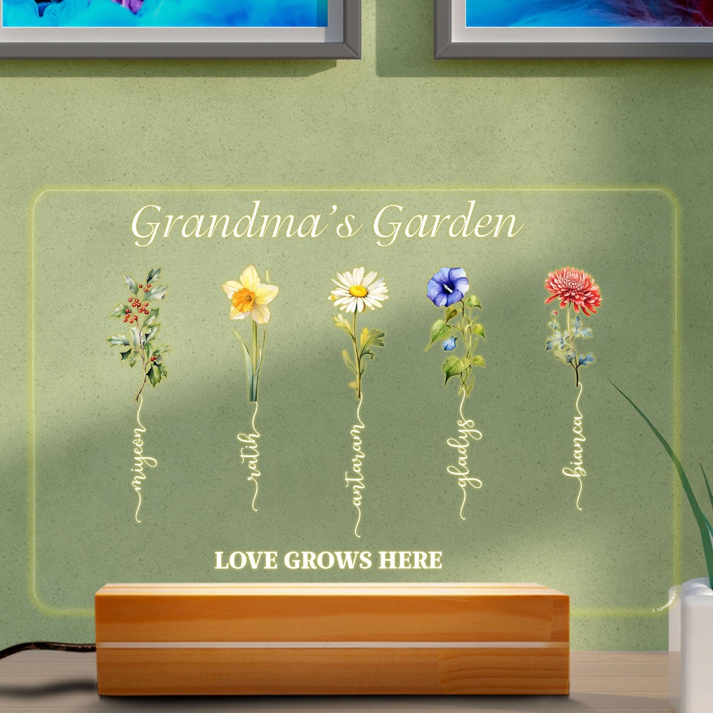 Grandmas Garden LED Light, Birth Flower Mothers Day Gift, Custom Grandkids Name Sign, Personalized Grandma Plaque, Floral Night Light - product image 2