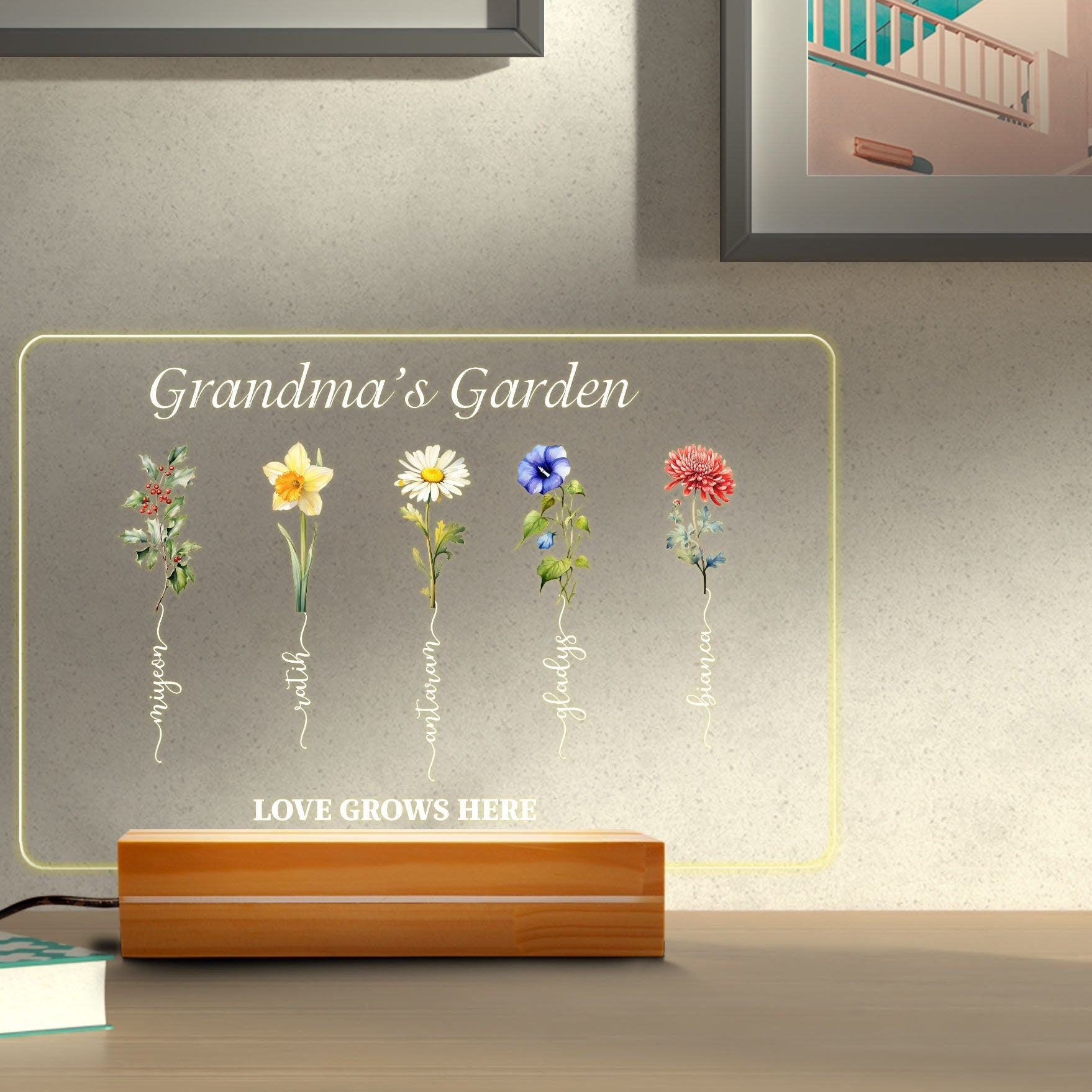 Grandmas Garden LED Light, Birth Flower Mothers Day Gift, Custom Grandkids Name Sign, Personalized Grandma Plaque, Floral Night Light - product image 6