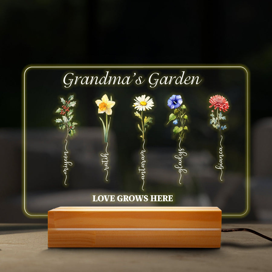 Grandmas Garden LED Light, Birth Flower Mothers Day Gift, Custom Grandkids Name Sign, Personalized Grandma Plaque, Floral Night Light - main product image