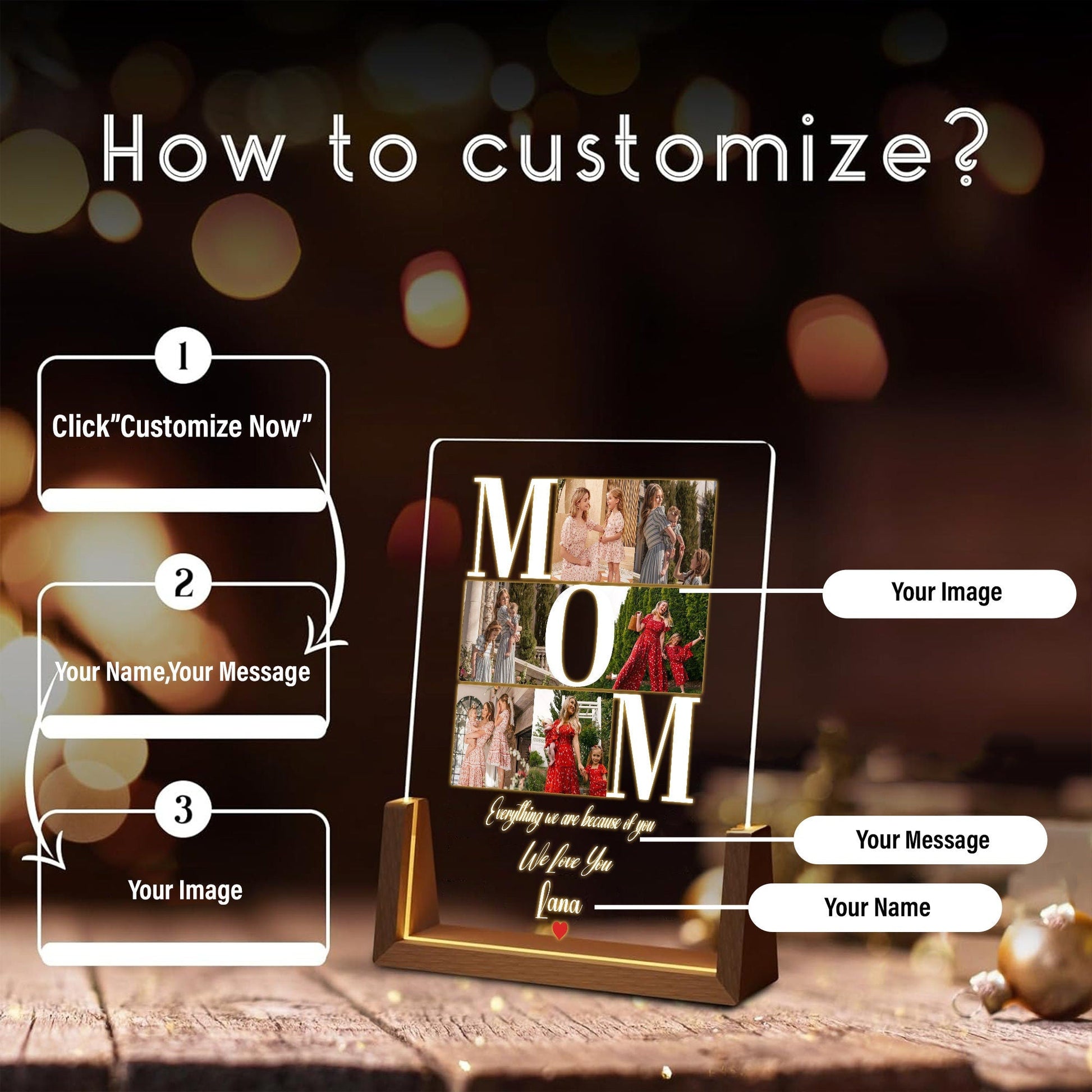 Personalized MOM Acrylic Photo Lamp Gift for Mom, Custom Mother’s Day Gifts, Night Light with Warm Walnut Wood Base, Photo Keepsake Decor - product image 2