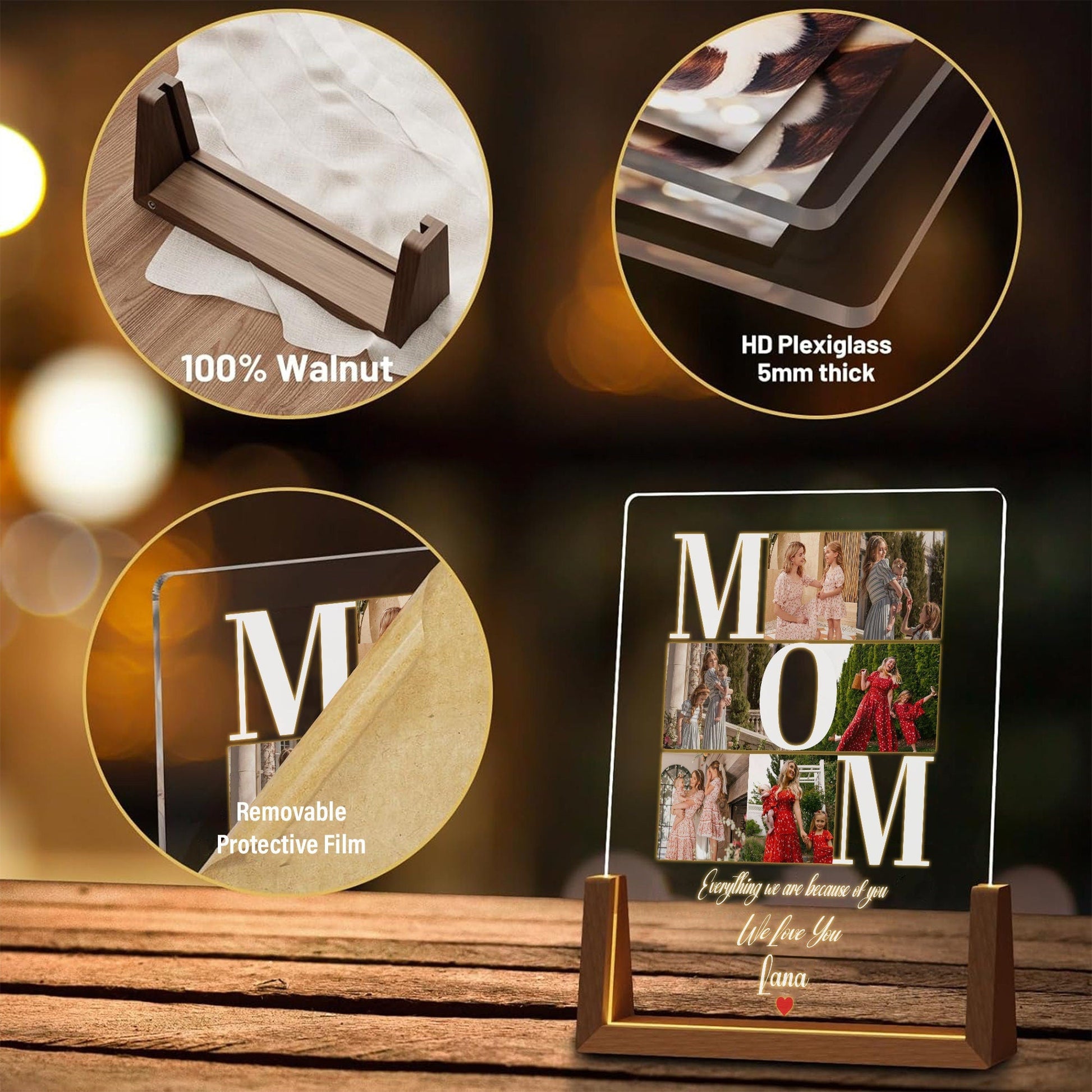 Personalized MOM Acrylic Photo Lamp Gift for Mom, Custom Mother’s Day Gifts, Night Light with Warm Walnut Wood Base, Photo Keepsake Decor - product image 4