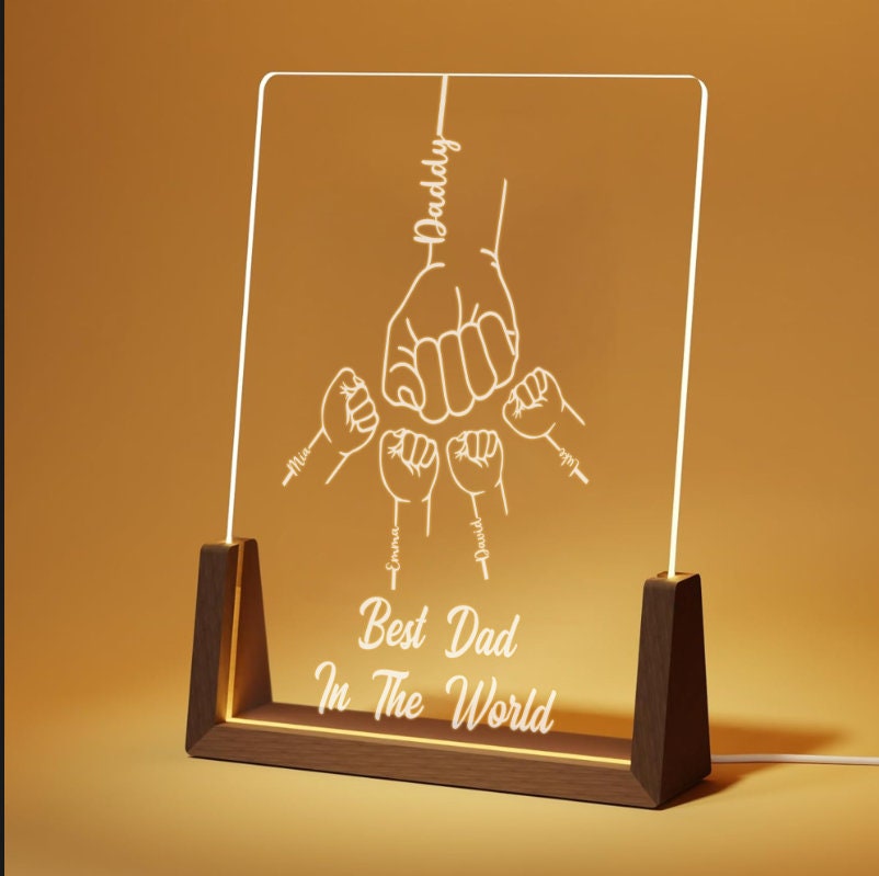 Custom Fist Bump Night Light for Dad, Fathers Day LED Lamp, Personalized Kids Names Acrylic Plaque, Papa Gift - product image 3