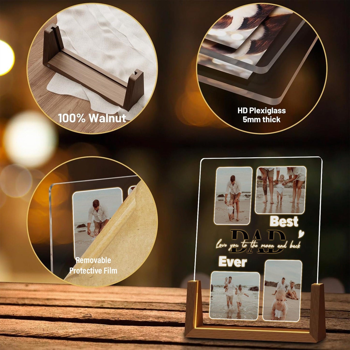 Custom Real Glass Photo Night Light, Best Dad Ever Picture Collage, Personalized Father's Day Gift from Kids, Dad Birthday Gift for Him - product image 3
