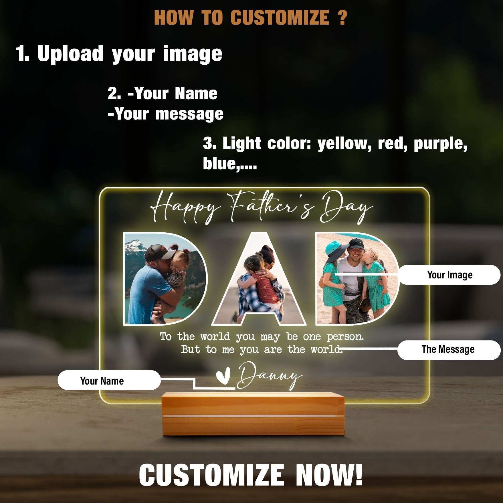 Personalized Father's Day Gift for Husband, Custom Photo DAD Lamp, Real Glass Night Light with Wood Base, Gift from Daughter - product image 5