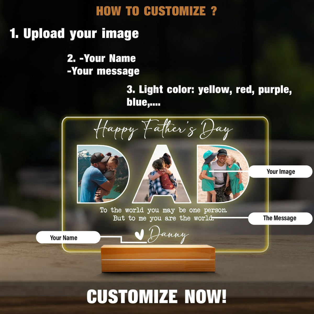 Personalized Father's Day Gift for Husband, Custom Photo DAD Lamp, Acrylic Night Light with Wood Base, Gift from Daughter - product image 5