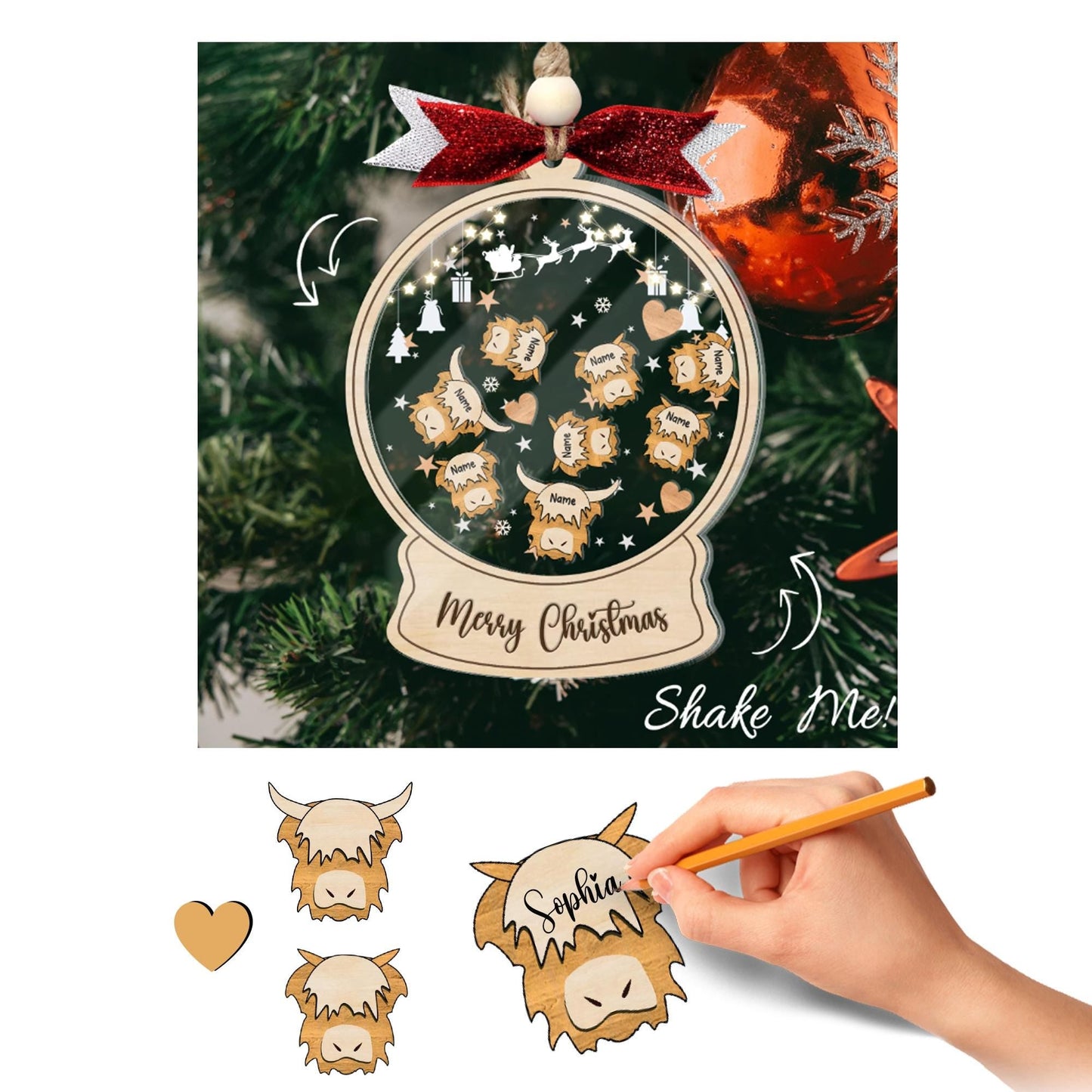 Personalized Highland Cow Family Ornament 2026 Custom Plaid Snow Globe Ornament Rustic Farmhouse Christmas Decor Family Name Ornament Gift - product image 5