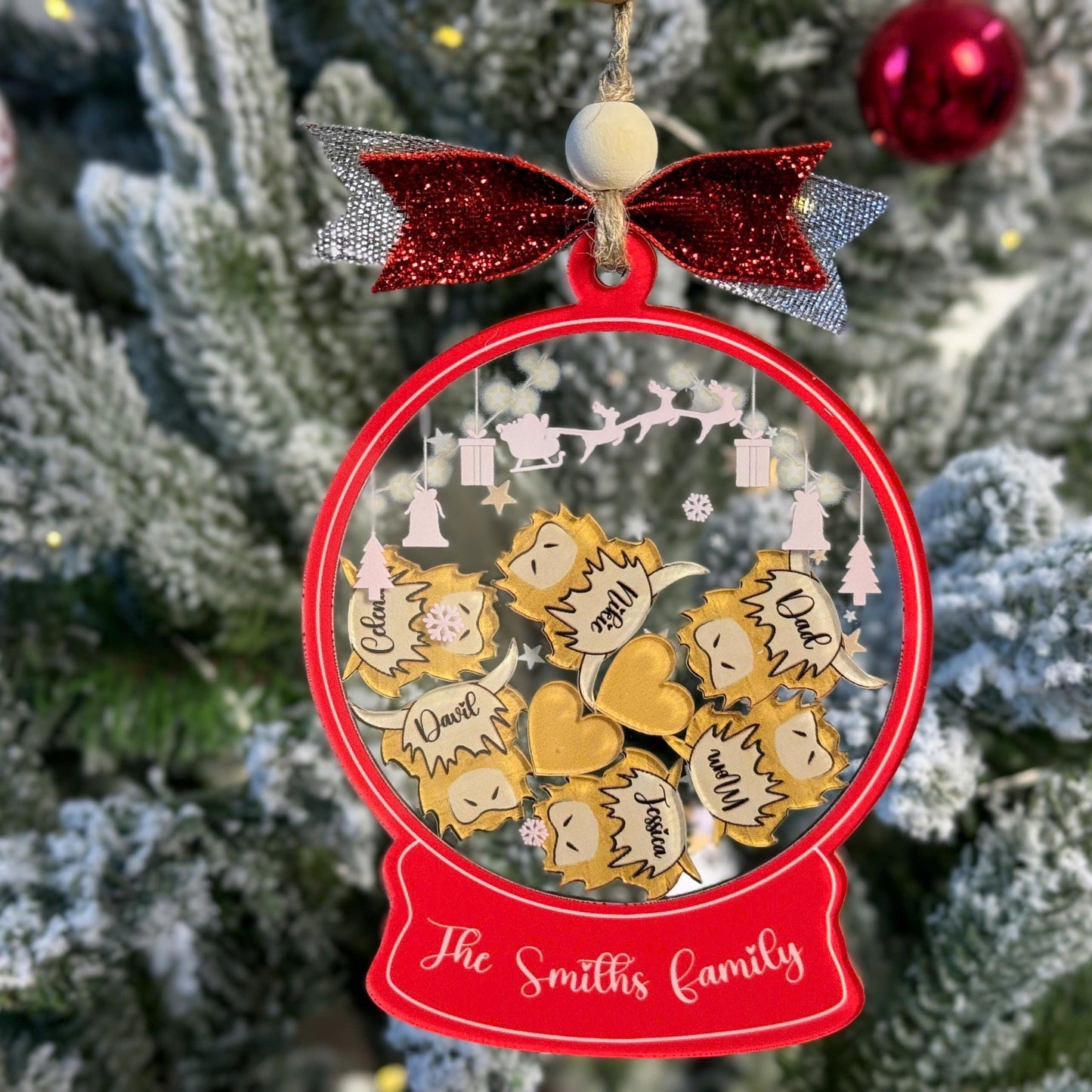 Personalized Highland Cow Family Ornament 2026 Custom Plaid Snow Globe Ornament Rustic Farmhouse Christmas Decor Family Name Ornament Gift - main product image