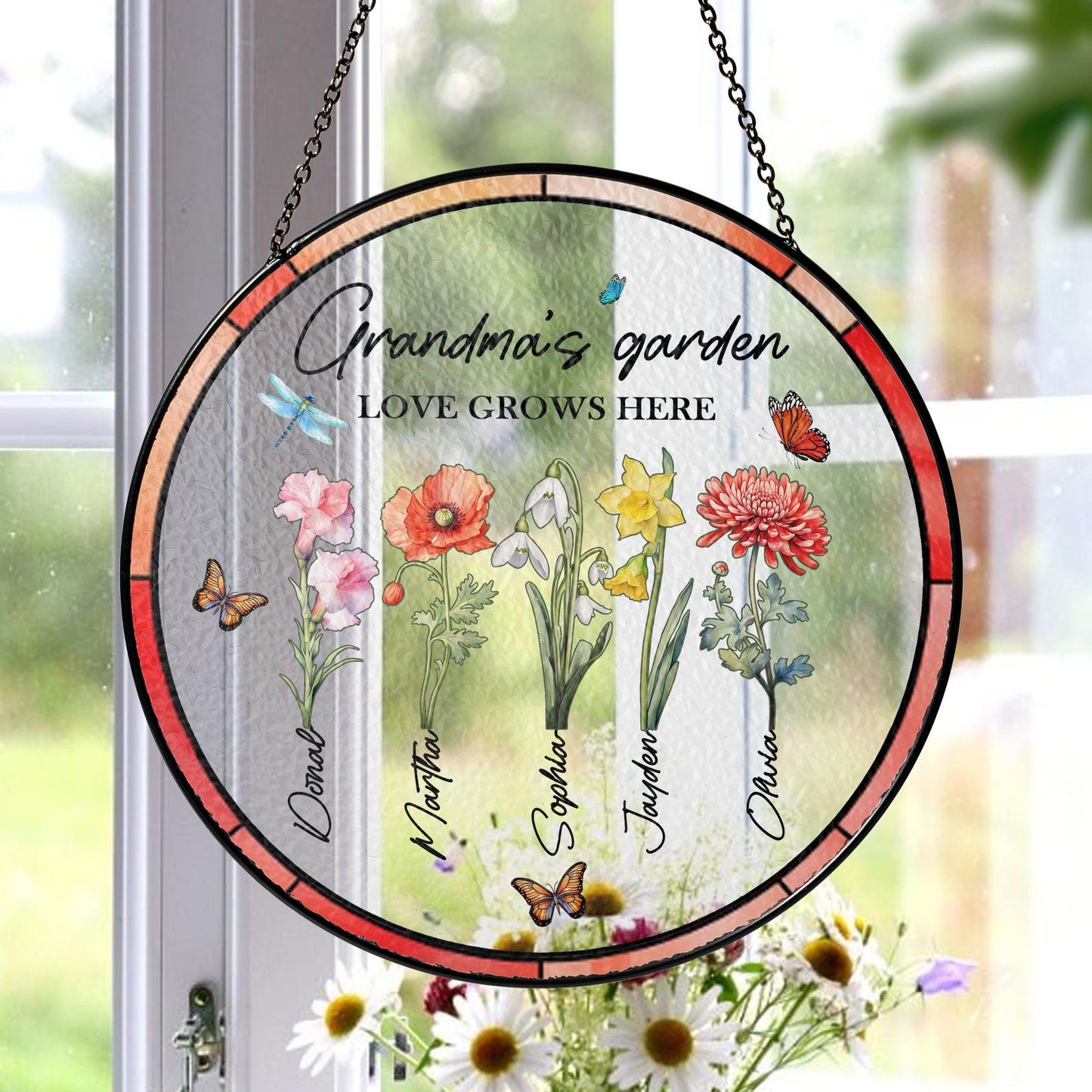 Custom Family Birth Flowers Glass Suncatcher, Custom Mom's Garden Gift, Flower Glass Art, Birth Flower Gift, Mother's Day Gift, Home Decor - product image 2
