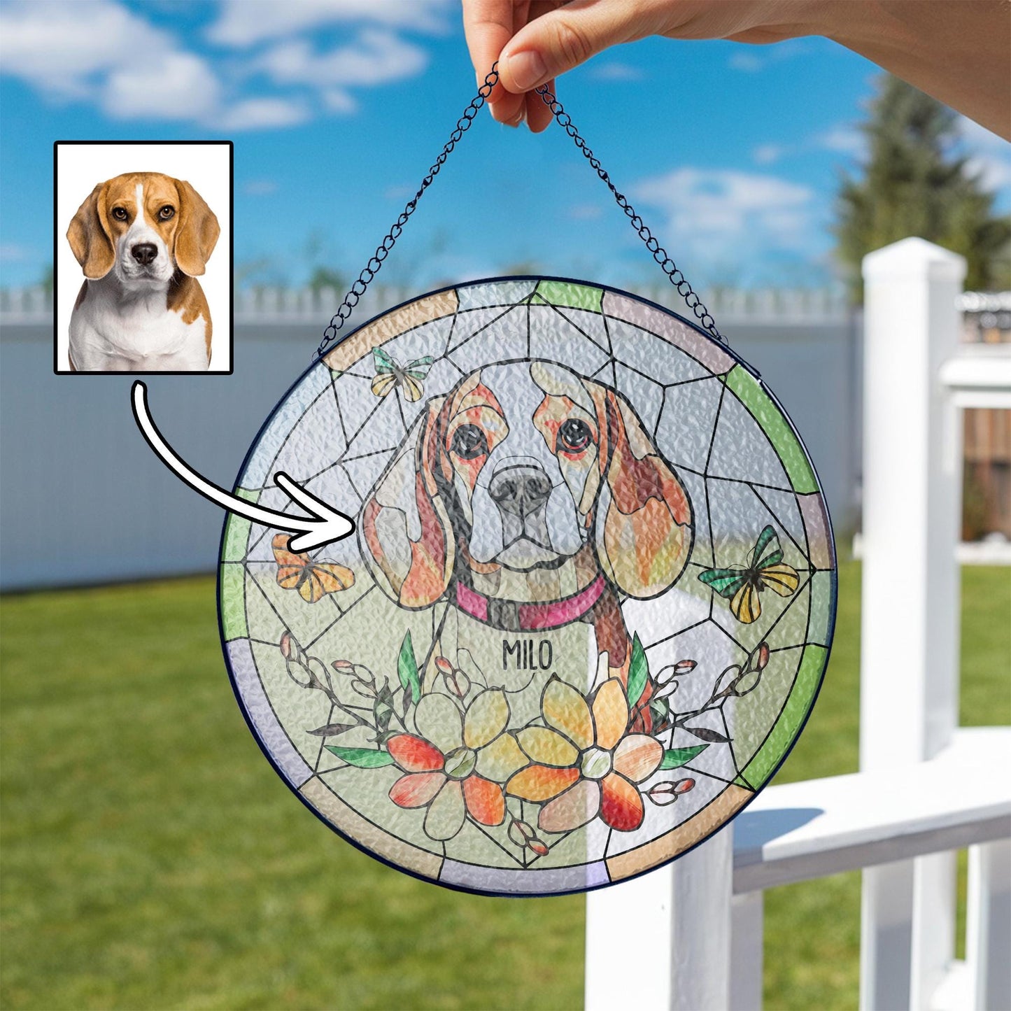 Custom Pet Memorial Glass Suncatcher, Personalized Tribute Gift, Angel Wings Portrait, Floral Sun Catcher, In Loving Memory Art - main product image